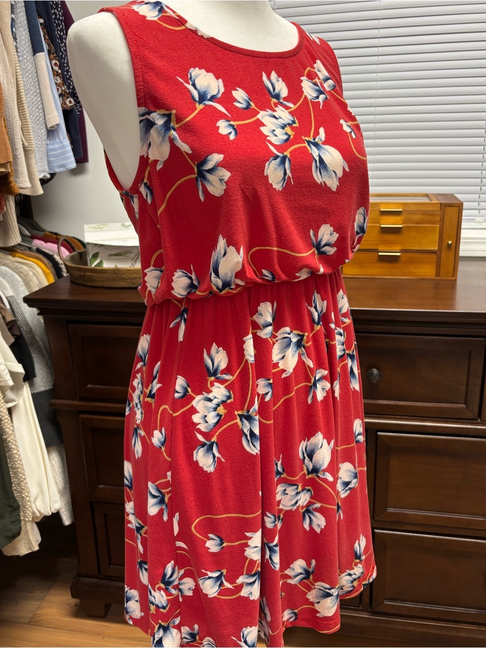 French Grey Red Sleeveless Floral Fit-and-Flare Dress